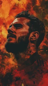 Portrait of a determined man rising against fiery chaos