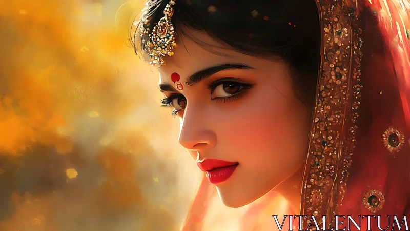 Gilded gaze in saffron light, a bridal portrait shimmering.
