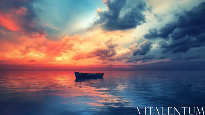 Lonely boat drifts under a blazing, dreamlike ocean sunset