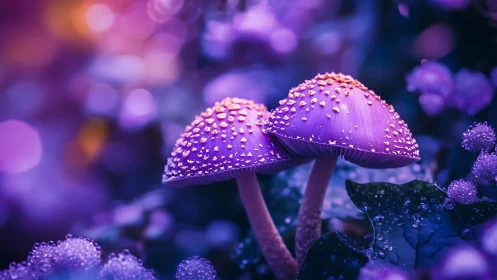 Bioluminescent-style violet mushrooms under shallow-depth optics.