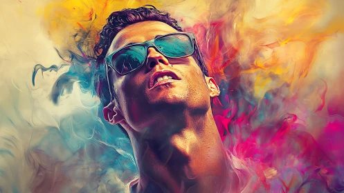 Stylized portrait of man in sunglasses with vivid colors.