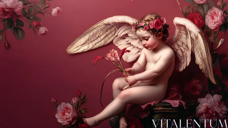 Winged cherub with roses on deep red floral background.