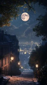 Moonlit European hill street overlooks glowing night city.