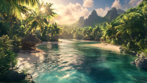 Tropical Paradise Lagoon with Verdant Palms, Limestone Peaks