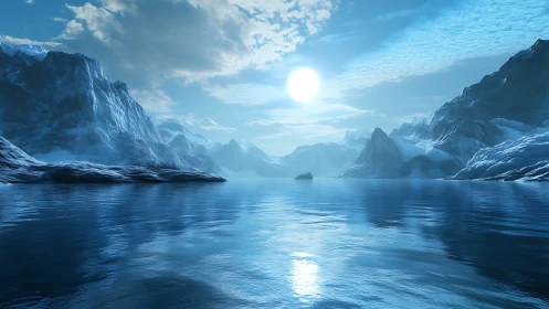 Sunlit icy mountains surround calm reflective polar water.