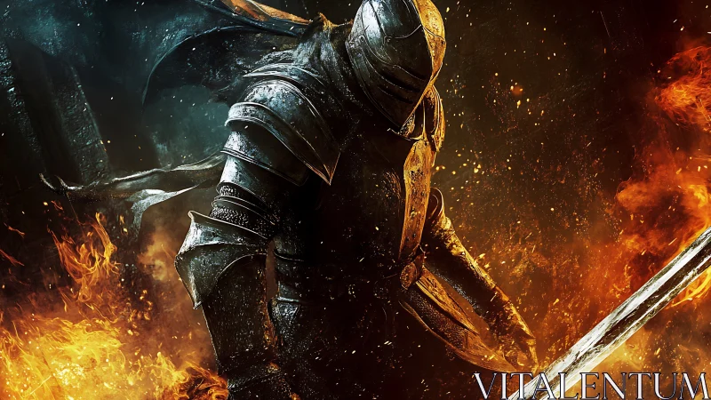 Blazing armored knight stands defiant in a storm of fire