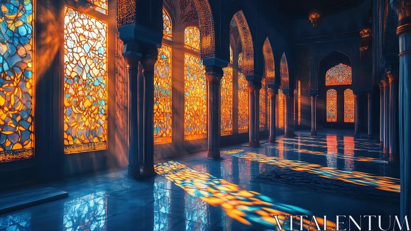 Sunlit stained glass hall bathes ornate arches in sacred glow
