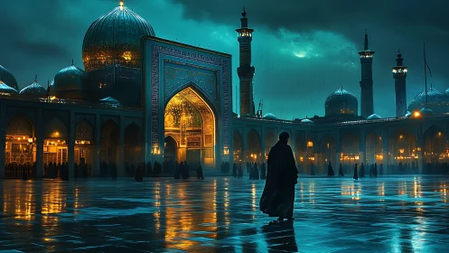 Moonlit courtyard stroll beneath turquoise mosque domes.