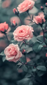 Pink roses in various bloom stages with dark buds and muted green foliage.