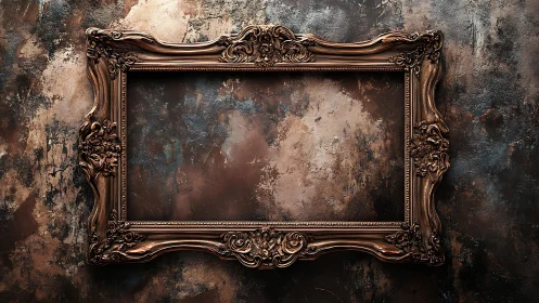 Empty ornate gold frame on textured dark painted wall.