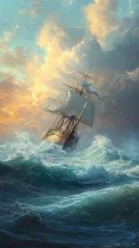 Tall ship crosses turbulent waves under dense cloud cover