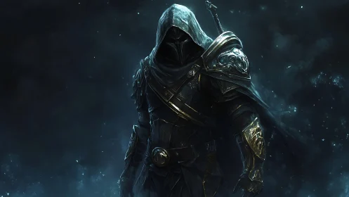 Hooded dark knight strides through swirling cosmic mist.
