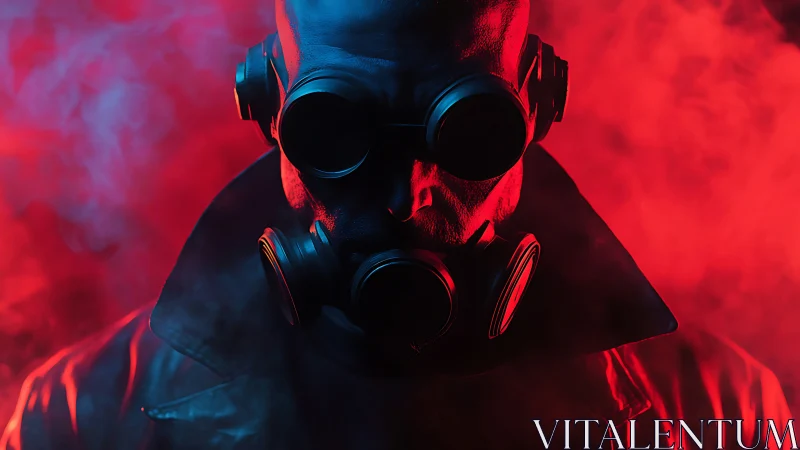 Person in gas mask and goggles amid red and blue smoke.