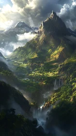 Sunlit fantasy peaks rise above a lush valley sanctuary