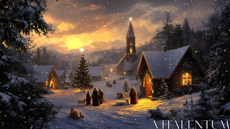Snowflakes hush a village wrapped in glowing Christmas wonder