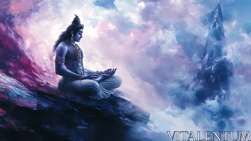Meditating blue deity on cliff amid swirling pastel clouds.