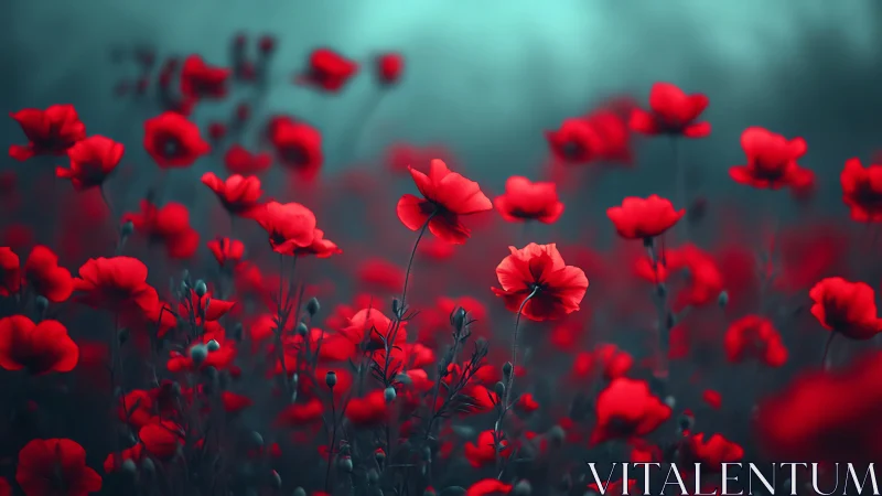 Red Poppies Sway in a Misty Dreamlike Garden