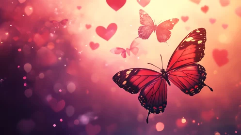 Scarlet butterflies drifting through a dream of blushing hearts.