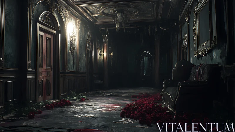 Gothic corridor drenched in roses and cinematic low lighting.