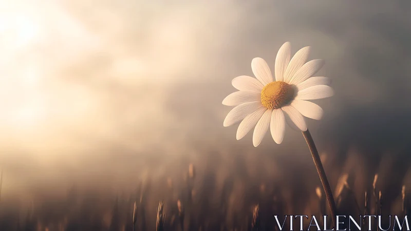 Single daisy in shallow focus against diffuse sky background.