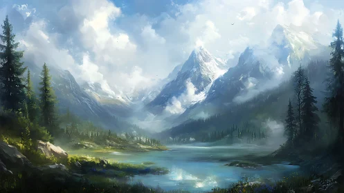 Snowy mountain valley and calm forest lake landscape.
