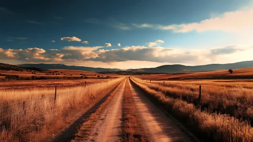 Straight rural dirt road extends through dry grasslands