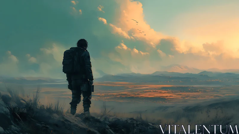 Solitary figure stands over expansive misty desert valley