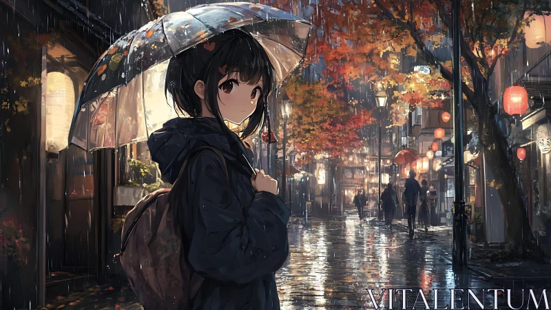 Rainy autumn city alley with reflective wet pavement at dusk