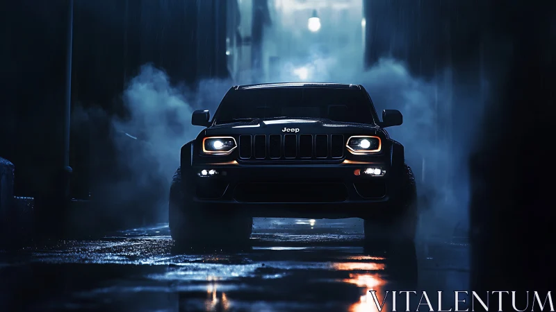 Midnight Jeep prowl in rain-slick neon alleyway hush.
