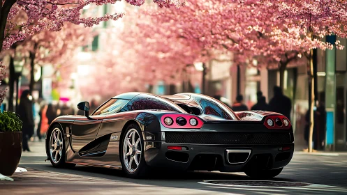 High-performance sports car is parked on urban cherry tree street