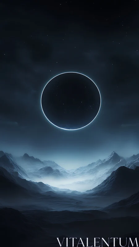 Luminous eclipse ring over misty alien mountain valley.