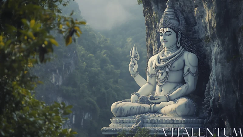 Colossal mountain deity statue sits meditating above misty forest