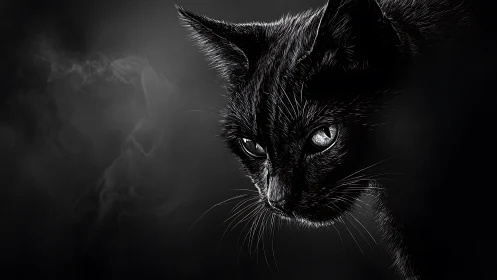 Black cat portrait emerges from dark smoke-lit shadows