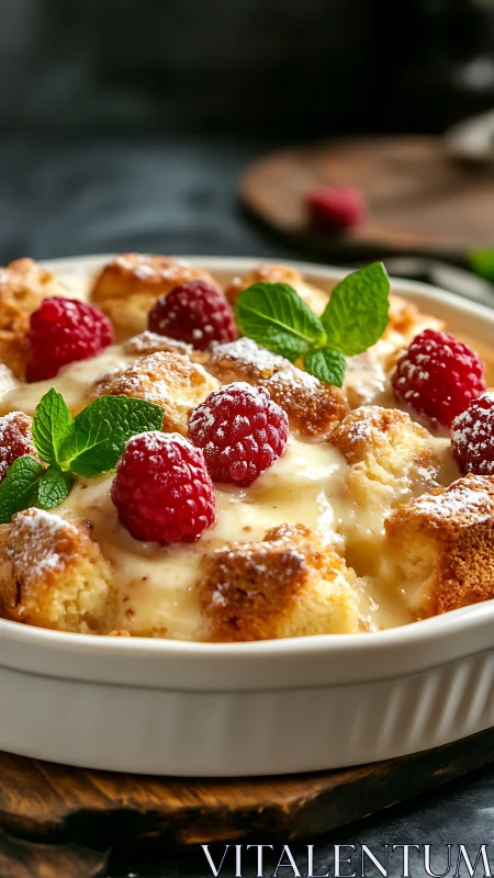 Photographic close-up of custard bread pudding with berries.