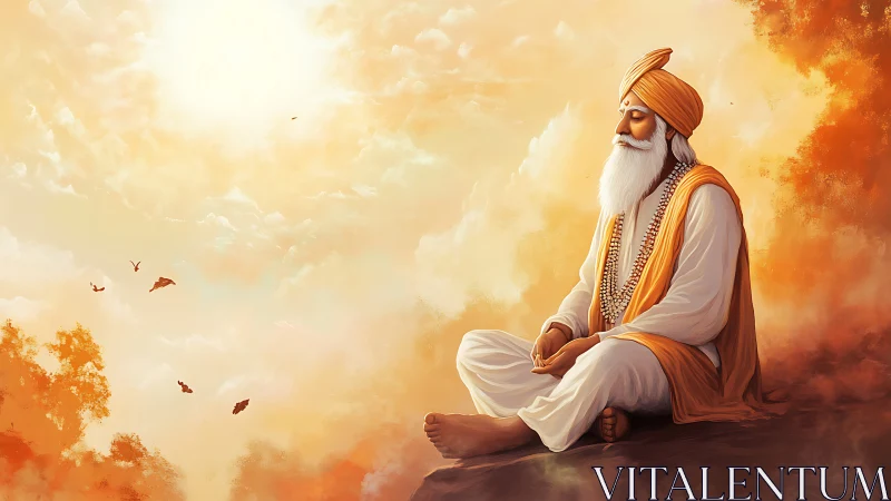 Digital painting of serene turbaned sage in golden haze.