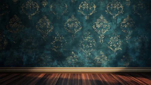 Moody teal wallpaper and wood floor in a cozy empty room.