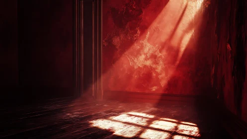 Red vacant chamber with dramatic angled window light.