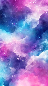 Vibrant watercolor galaxy nebula in pink blue haze.