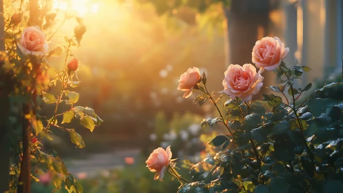 Golden Hour Garden Roses Bathed in Warm Sunlight.
