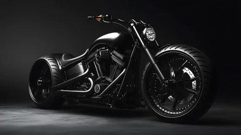 Stealth black custom chopper motorcycle on dark studio floor.