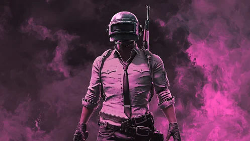 Bold helmeted gamer stands in vivid pink battle smoke.