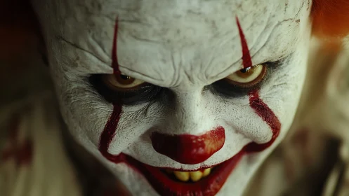Extreme close-up of horror clown makeup with intense gaze and cracks