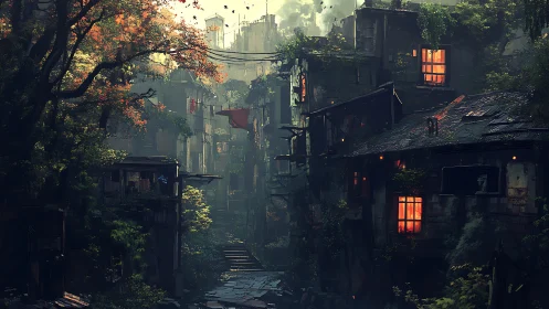 Overgrown post-apocalyptic alley glows with warm windows.