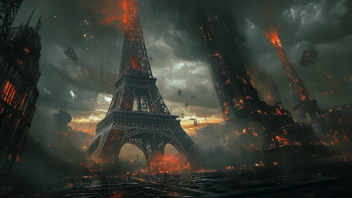 Eiffel Tower reborn in a moody, ember-lit future storm.