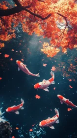 Koi beneath crimson maple canopy in luminous autumn pond.
