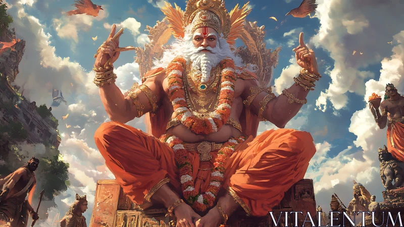 Seated bearded deity dominates ornate throne under cloudy sky