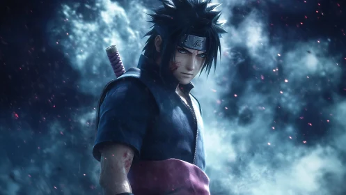 Storm-lit ninja stands brooding as embers drift in twilight