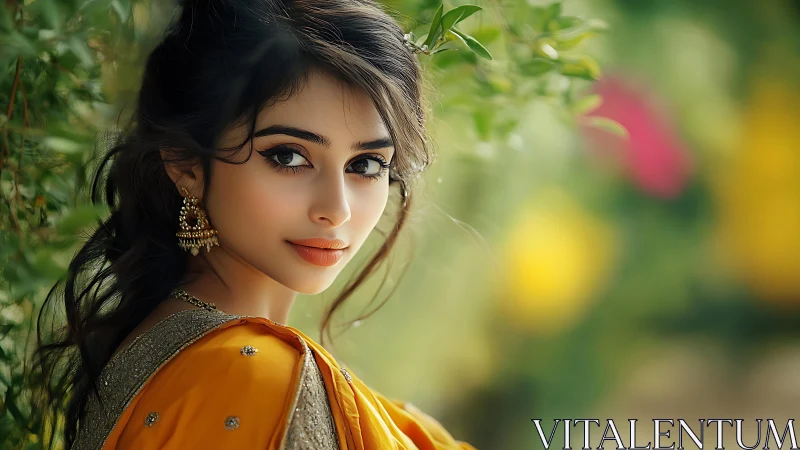Young woman in yellow dress poses outdoors in greenery