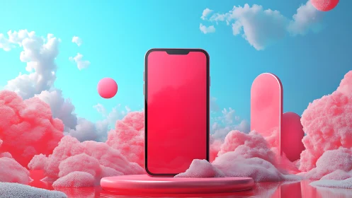 3D smartphone floating in pink surreal cloud landscape.