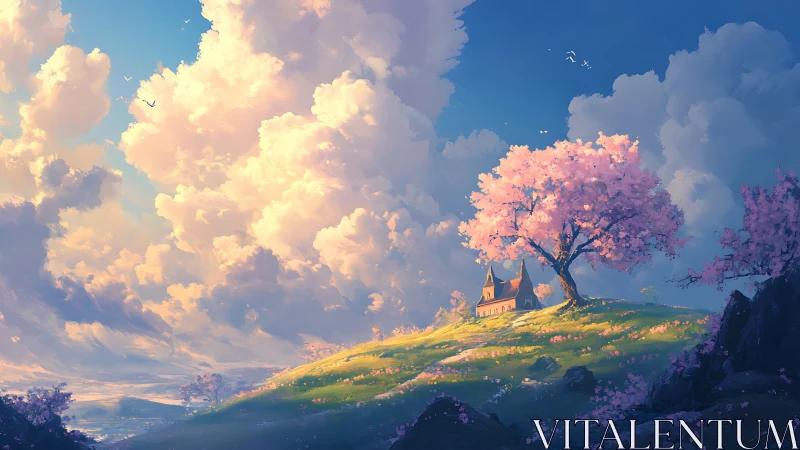 Sunlit cherry hilltop frames tranquil countryside chapel.